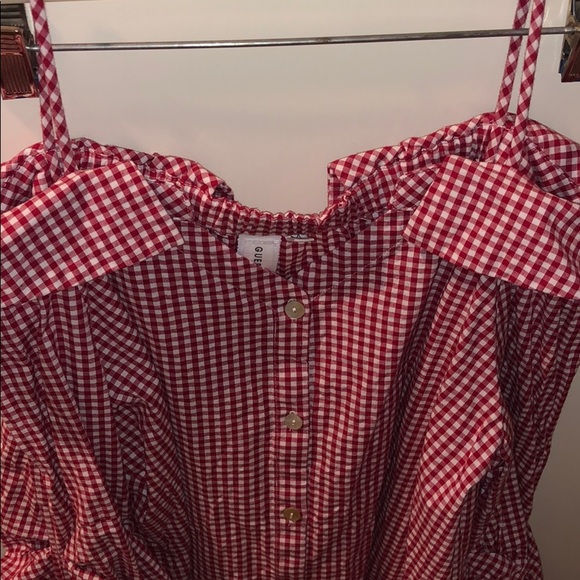 Red & white checked off-the-shoulder Anthro blouse - Picture 3 of 5